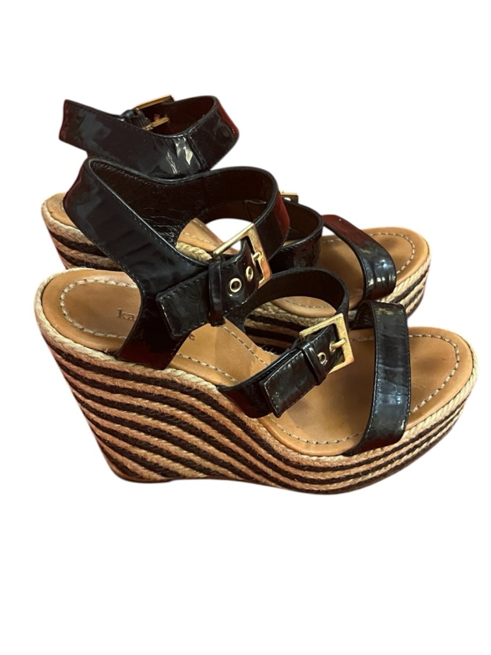 kate spade Black Patent Triple-Strap Espadrille Wedge Sandals